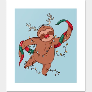 Merry Slothmas // Cute Cartoon Sloth in Christmas Lights Posters and Art